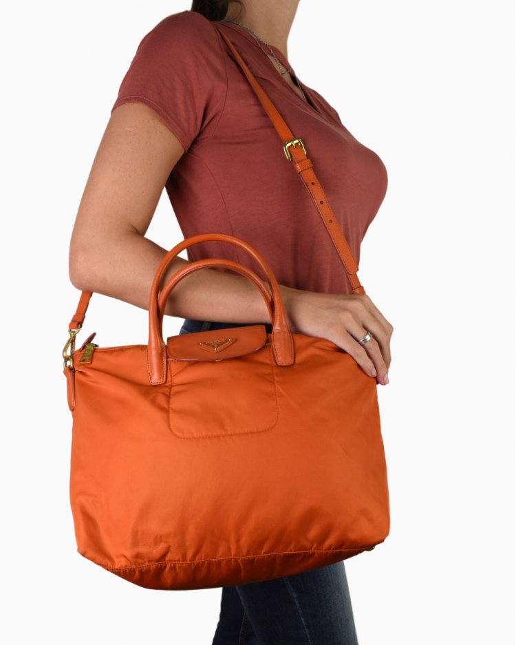 Bolsa Prada Tessuto Nylon Saffiano Tote original Papaya feminina